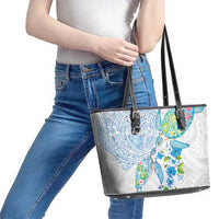 Hawaiian Couple Turtles Honi Leather Tote Bag Polynesian Art Motifs and Hibiscus White Blue Color LT03 - Polynesian Pride
