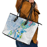 Hawaiian Couple Turtles Honi Leather Tote Bag Polynesian Art Motifs and Hibiscus White Blue Color LT03 - Polynesian Pride
