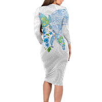 Hawaiian Couple Turtles Honi Long Sleeve Bodycon Dress Polynesian Art Motifs and Hibiscus White Blue Color LT03 - Polynesian Pride