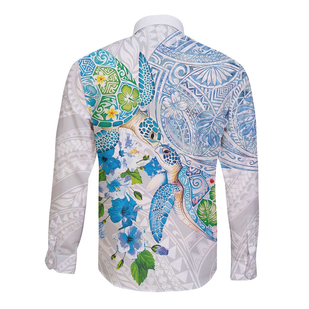 Hawaiian Couple Turtles Honi Long Sleeve Button Shirt Polynesian Art Motifs and Hibiscus White Blue Color LT03 - Polynesian Pride