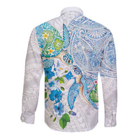 Hawaiian Couple Turtles Honi Long Sleeve Button Shirt Polynesian Art Motifs and Hibiscus White Blue Color LT03 - Polynesian Pride