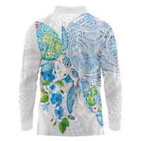 Hawaiian Couple Turtles Honi Long Sleeve Polo Shirt Polynesian Art Motifs and Hibiscus White Blue Color LT03 - Polynesian Pride