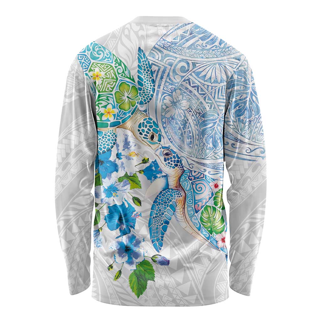 Hawaiian Couple Turtles Honi Long Sleeve Shirt Polynesian Art Motifs and Hibiscus White Blue Color LT03 - Polynesian Pride