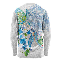Hawaiian Couple Turtles Honi Long Sleeve Shirt Polynesian Art Motifs and Hibiscus White Blue Color LT03 - Polynesian Pride