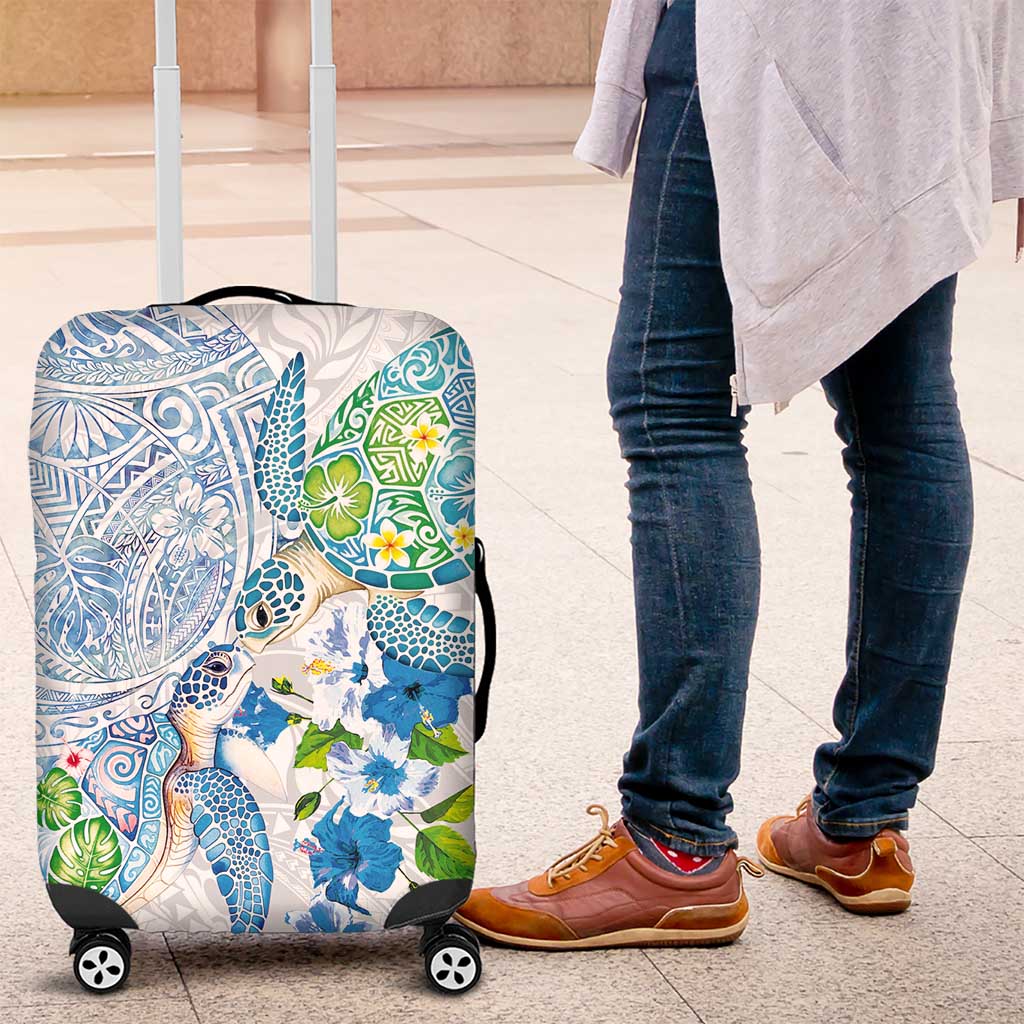 Hawaiian Couple Turtles Honi Luggage Cover Polynesian Art Motifs and Hibiscus White Blue Color LT03 White - Polynesian Pride