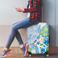 Hawaiian Couple Turtles Honi Luggage Cover Polynesian Art Motifs and Hibiscus White Blue Color LT03 - Polynesian Pride