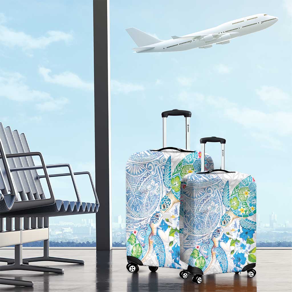 Hawaiian Couple Turtles Honi Luggage Cover Polynesian Art Motifs and Hibiscus White Blue Color LT03 - Polynesian Pride