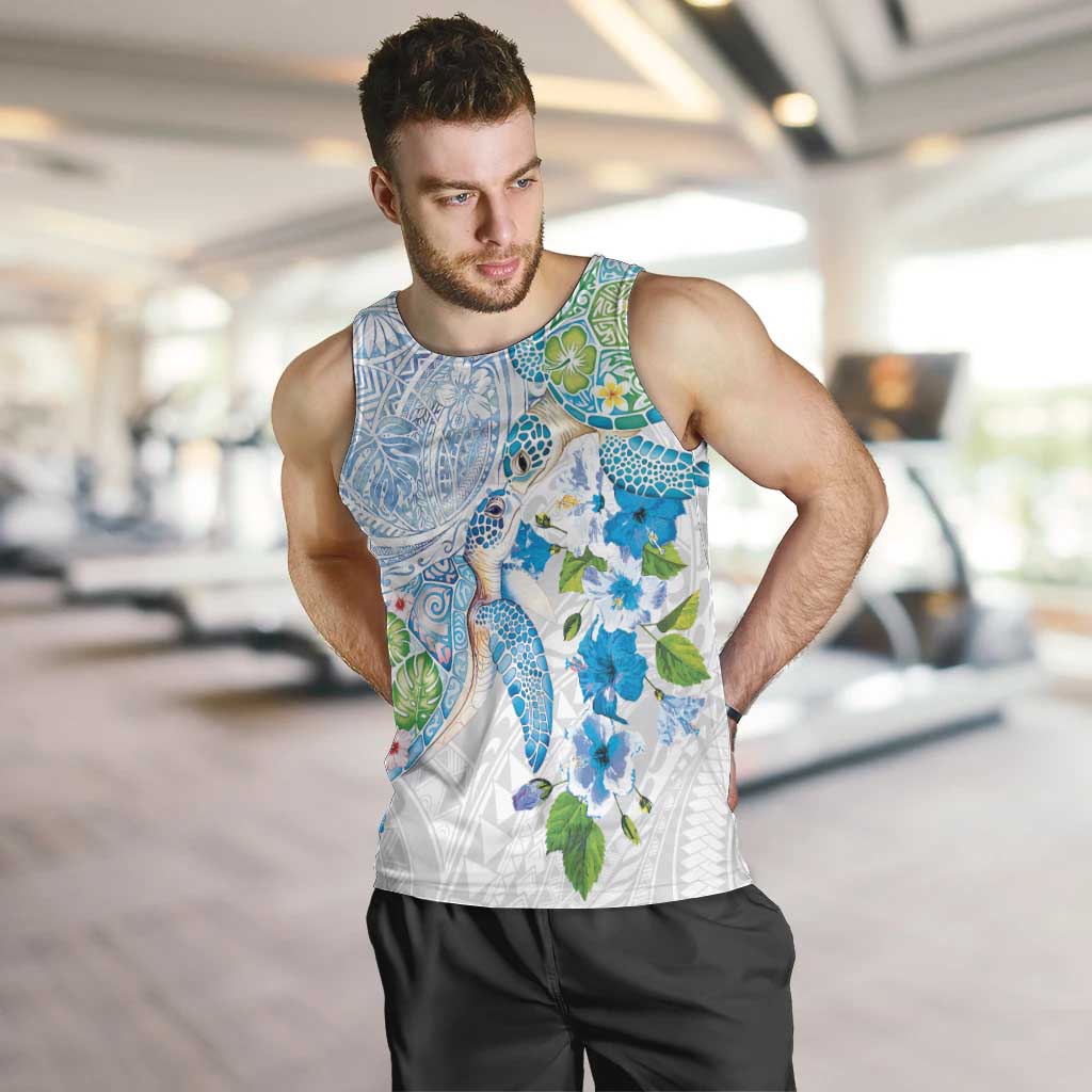 Hawaiian Couple Turtles Honi Men Tank Top Polynesian Art Motifs and Hibiscus White Blue Color LT03 White - Polynesian Pride