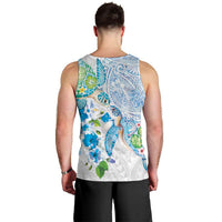 Hawaiian Couple Turtles Honi Men Tank Top Polynesian Art Motifs and Hibiscus White Blue Color LT03 - Polynesian Pride