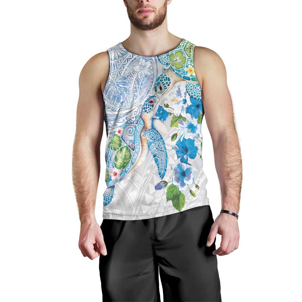 Hawaiian Couple Turtles Honi Men Tank Top Polynesian Art Motifs and Hibiscus White Blue Color LT03 - Polynesian Pride