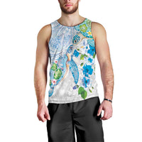 Hawaiian Couple Turtles Honi Men Tank Top Polynesian Art Motifs and Hibiscus White Blue Color LT03 - Polynesian Pride