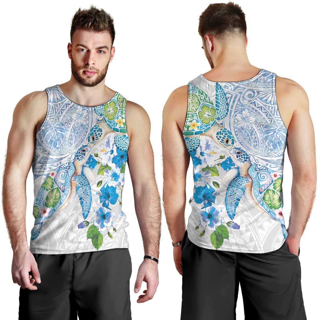 Hawaiian Couple Turtles Honi Men Tank Top Polynesian Art Motifs and Hibiscus White Blue Color LT03 - Polynesian Pride