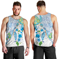 Hawaiian Couple Turtles Honi Men Tank Top Polynesian Art Motifs and Hibiscus White Blue Color LT03 - Polynesian Pride