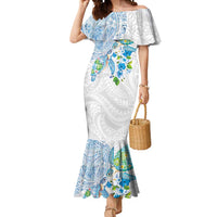 Hawaiian Couple Turtles Honi Mermaid Dress Polynesian Art Motifs and Hibiscus White Blue Color LT03 Women White - Polynesian Pride