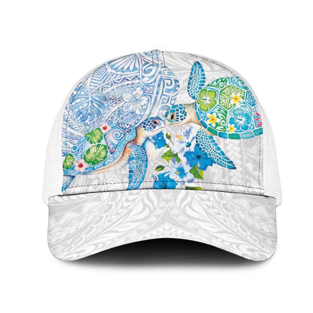 Hawaiian Couple Turtles Honi Mesh Trucker Cap Polynesian Art Motifs and Hibiscus White Blue Color - Polynesian Pride