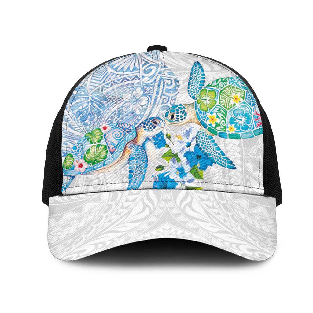 Hawaiian Couple Turtles Honi Mesh Trucker Cap Polynesian Art Motifs and Hibiscus White Blue Color LT03 One Size Black White - Polynesian Pride