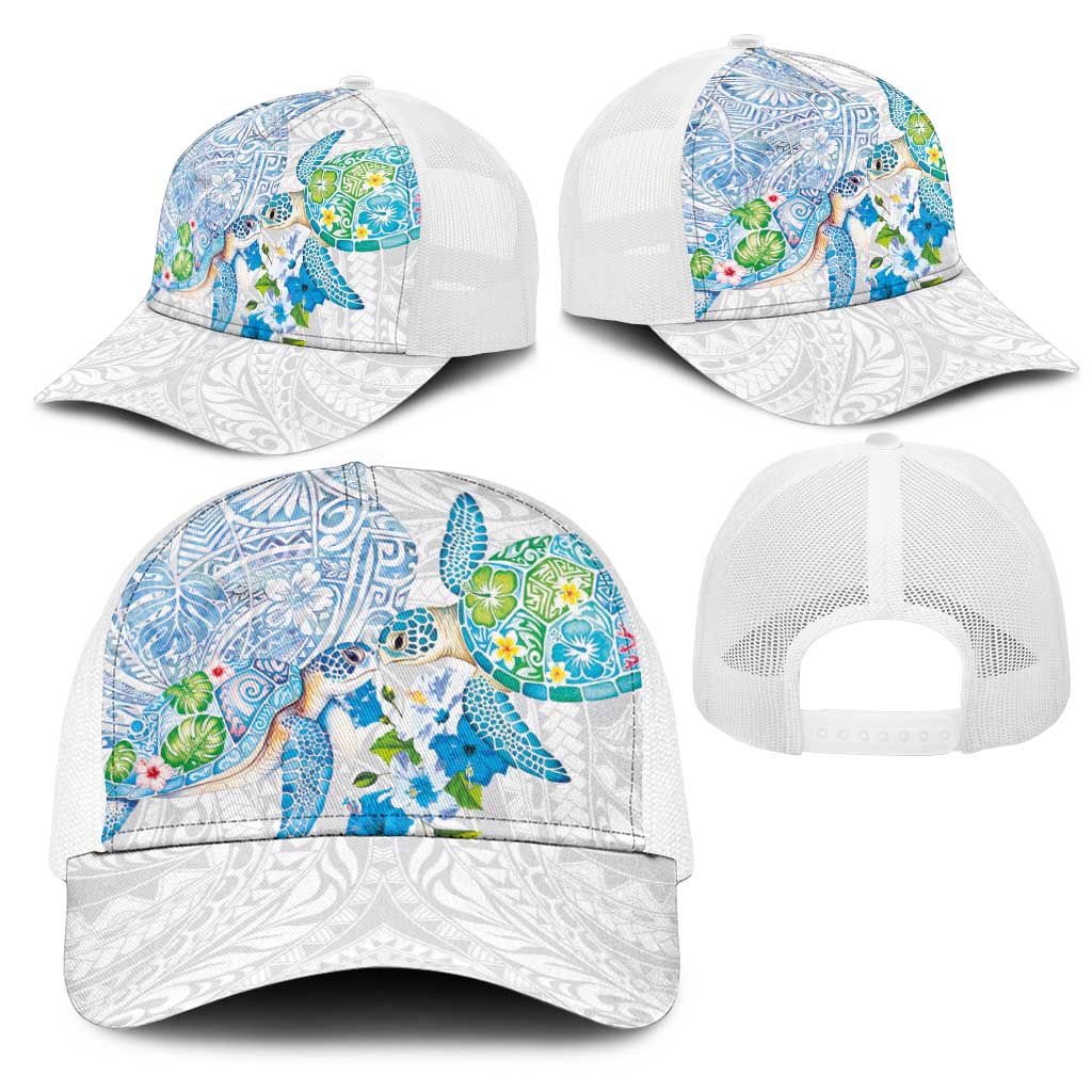 Hawaiian Couple Turtles Honi Mesh Trucker Cap Polynesian Art Motifs and Hibiscus White Blue Color LT03 - Polynesian Pride