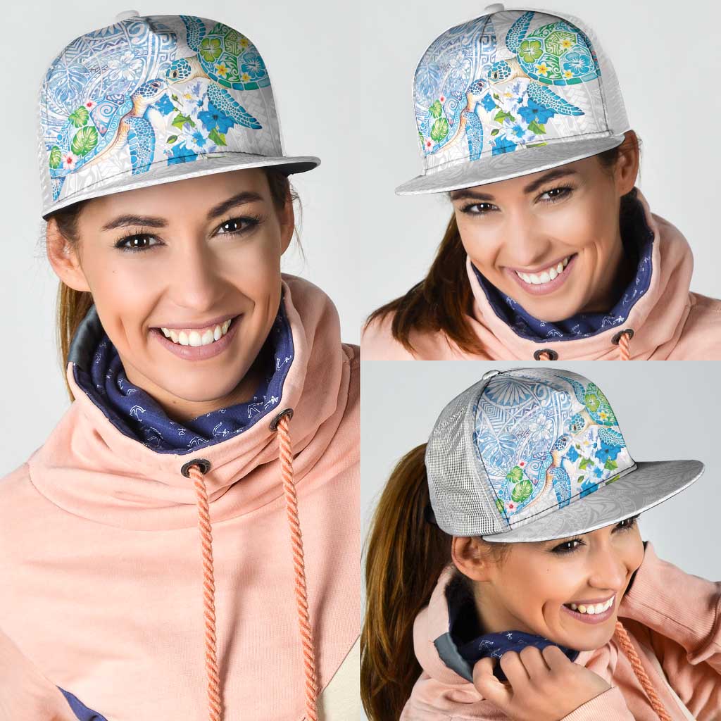 Hawaiian Couple Turtles Honi Mesh Trucker Cap Polynesian Art Motifs and Hibiscus White Blue Color LT03 - Polynesian Pride