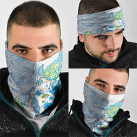 Hawaiian Couple Turtles Honi Neck Gaiter Polynesian Art Motifs and Hibiscus White Blue Color LT03 - Polynesian Pride