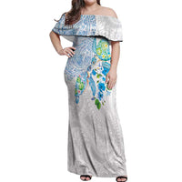 Hawaiian Couple Turtles Honi Off Shoulder Maxi Dress Polynesian Art Motifs and Hibiscus White Blue Color LT03 Women White - Polynesian Pride