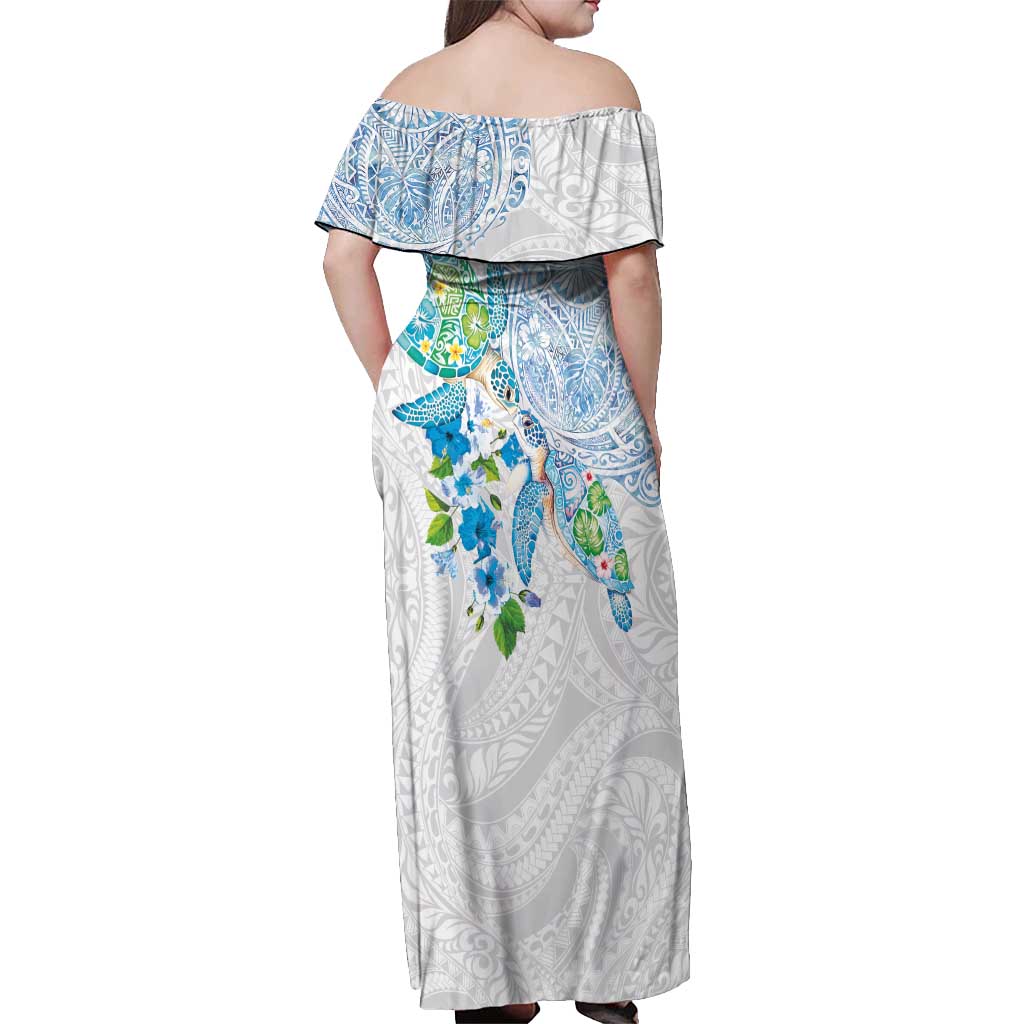 Hawaiian Couple Turtles Honi Off Shoulder Maxi Dress Polynesian Art Motifs and Hibiscus White Blue Color LT03 - Polynesian Pride