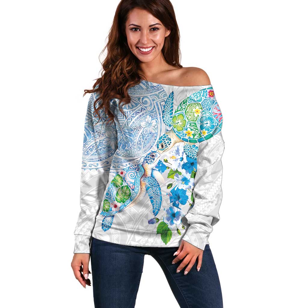 Hawaiian Couple Turtles Honi Off Shoulder Sweater Polynesian Art Motifs and Hibiscus White Blue Color LT03 Women White - Polynesian Pride