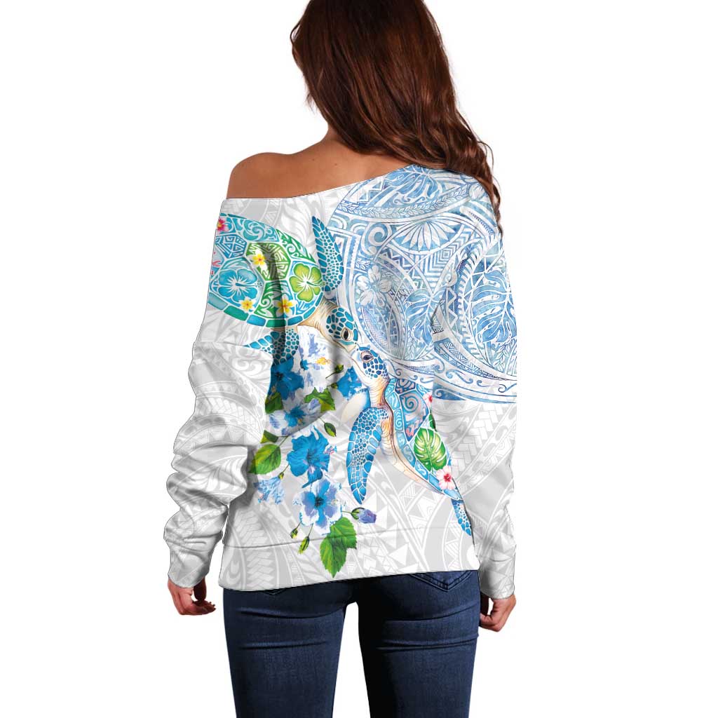 Hawaiian Couple Turtles Honi Off Shoulder Sweater Polynesian Art Motifs and Hibiscus White Blue Color LT03 - Polynesian Pride