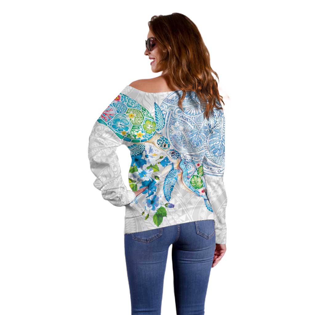 Hawaiian Couple Turtles Honi Off Shoulder Sweater Polynesian Art Motifs and Hibiscus White Blue Color LT03 - Polynesian Pride