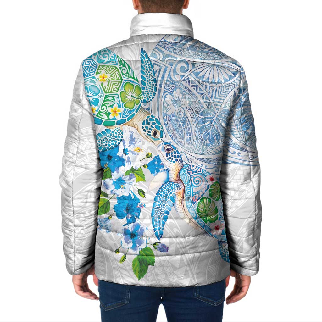 Hawaiian Couple Turtles Honi Padded Jacket Polynesian Art Motifs and Hibiscus White Blue Color LT03 - Polynesian Pride