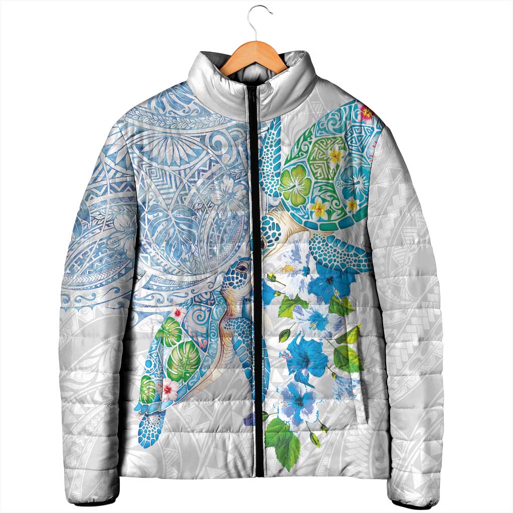 Hawaiian Couple Turtles Honi Padded Jacket Polynesian Art Motifs and Hibiscus White Blue Color LT03 - Polynesian Pride