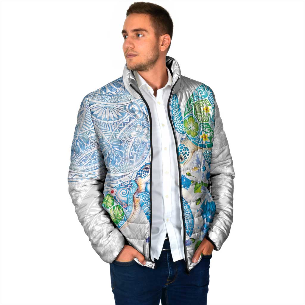 Hawaiian Couple Turtles Honi Padded Jacket Polynesian Art Motifs and Hibiscus White Blue Color LT03 - Polynesian Pride
