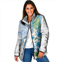 Hawaiian Couple Turtles Honi Padded Jacket Polynesian Art Motifs and Hibiscus White Blue Color LT03 Women White - Polynesian Pride