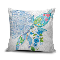 Hawaiian Couple Turtles Honi Pillow Cover Polynesian Art Motifs and Hibiscus White Blue Color LT03 White - Polynesian Pride