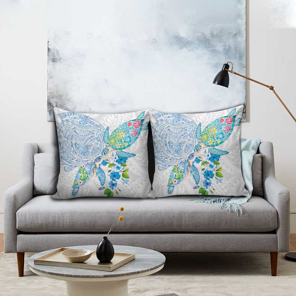 Hawaiian Couple Turtles Honi Pillow Cover Polynesian Art Motifs and Hibiscus White Blue Color LT03 - Polynesian Pride