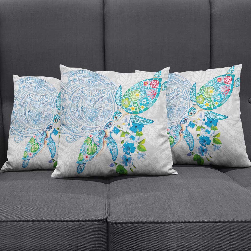 Hawaiian Couple Turtles Honi Pillow Cover Polynesian Art Motifs and Hibiscus White Blue Color LT03 - Polynesian Pride