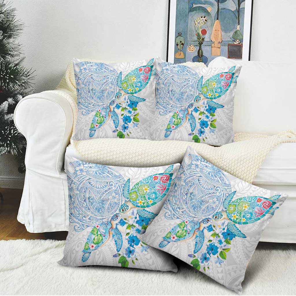 Hawaiian Couple Turtles Honi Pillow Cover Polynesian Art Motifs and Hibiscus White Blue Color LT03 - Polynesian Pride