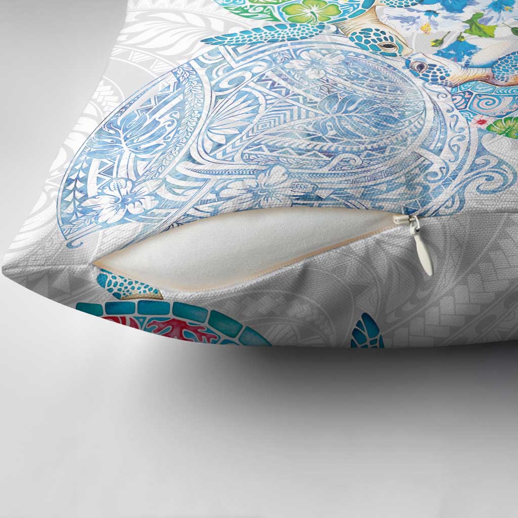 Hawaiian Couple Turtles Honi Pillow Cover Polynesian Art Motifs and Hibiscus White Blue Color LT03 - Polynesian Pride