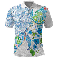 Hawaiian Couple Turtles Honi Polo Shirt Polynesian Art Motifs and Hibiscus White Blue Color LT03 White - Polynesian Pride