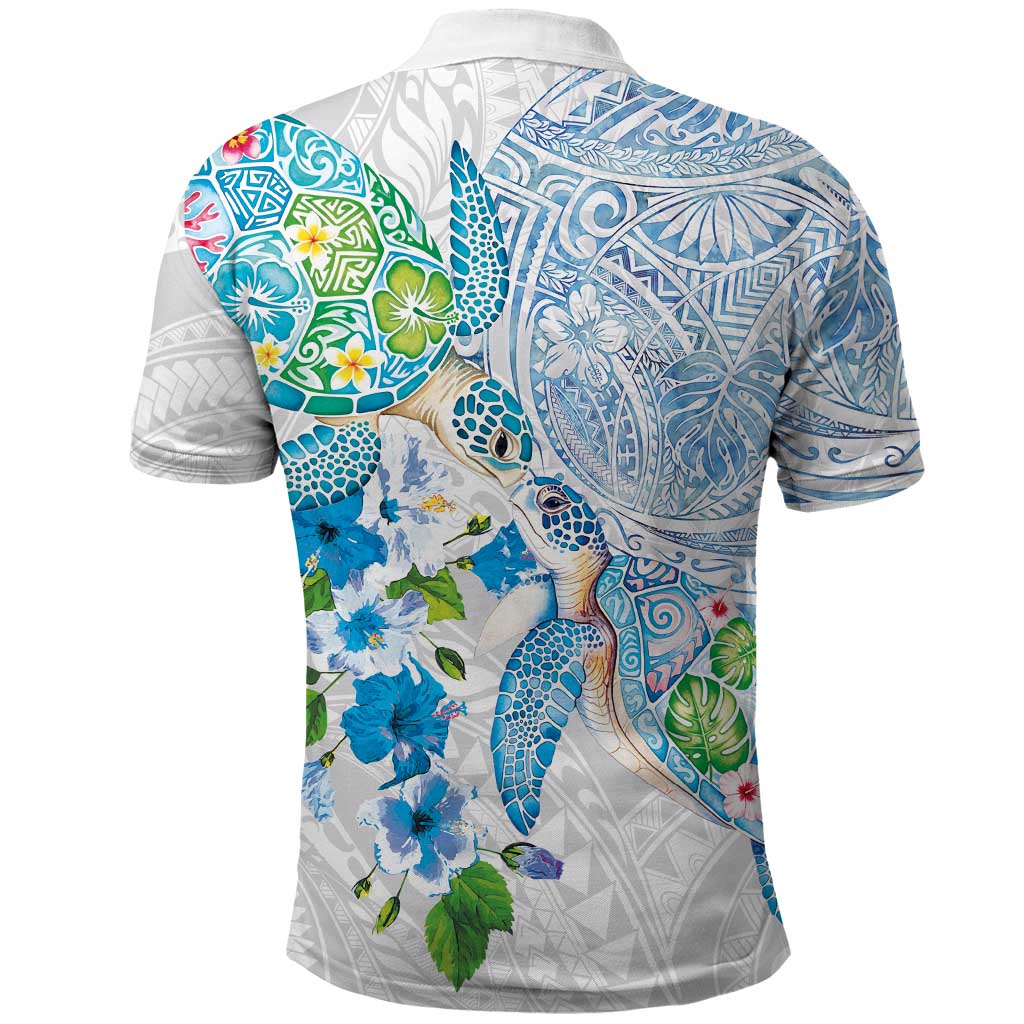 Hawaiian Couple Turtles Honi Polo Shirt Polynesian Art Motifs and Hibiscus White Blue Color LT03 - Polynesian Pride