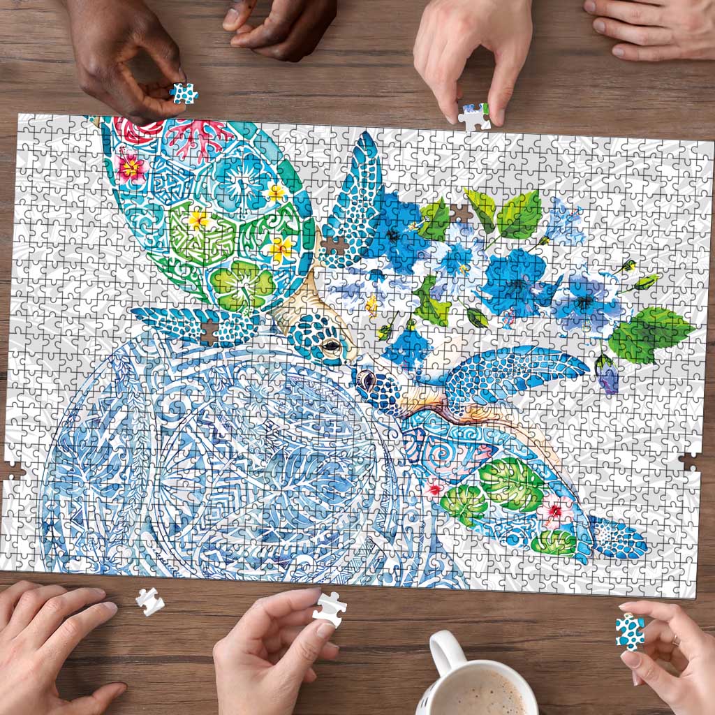 Hawaiian Couple Turtles Honi Puzzle Polynesian Art Motifs and Hibiscus White Blue Color LT03 - Polynesian Pride