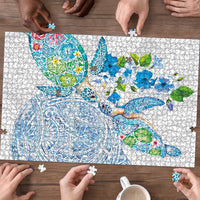 Hawaiian Couple Turtles Honi Puzzle Polynesian Art Motifs and Hibiscus White Blue Color LT03 - Polynesian Pride