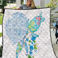 Hawaiian Couple Turtles Honi Quilt Polynesian Art Motifs and Hibiscus White Blue Color LT03 White - Polynesian Pride