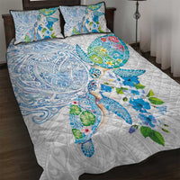 Hawaiian Couple Turtles Honi Quilt Bed Set Polynesian Art Motifs and Hibiscus White Blue Color LT03 White - Polynesian Pride