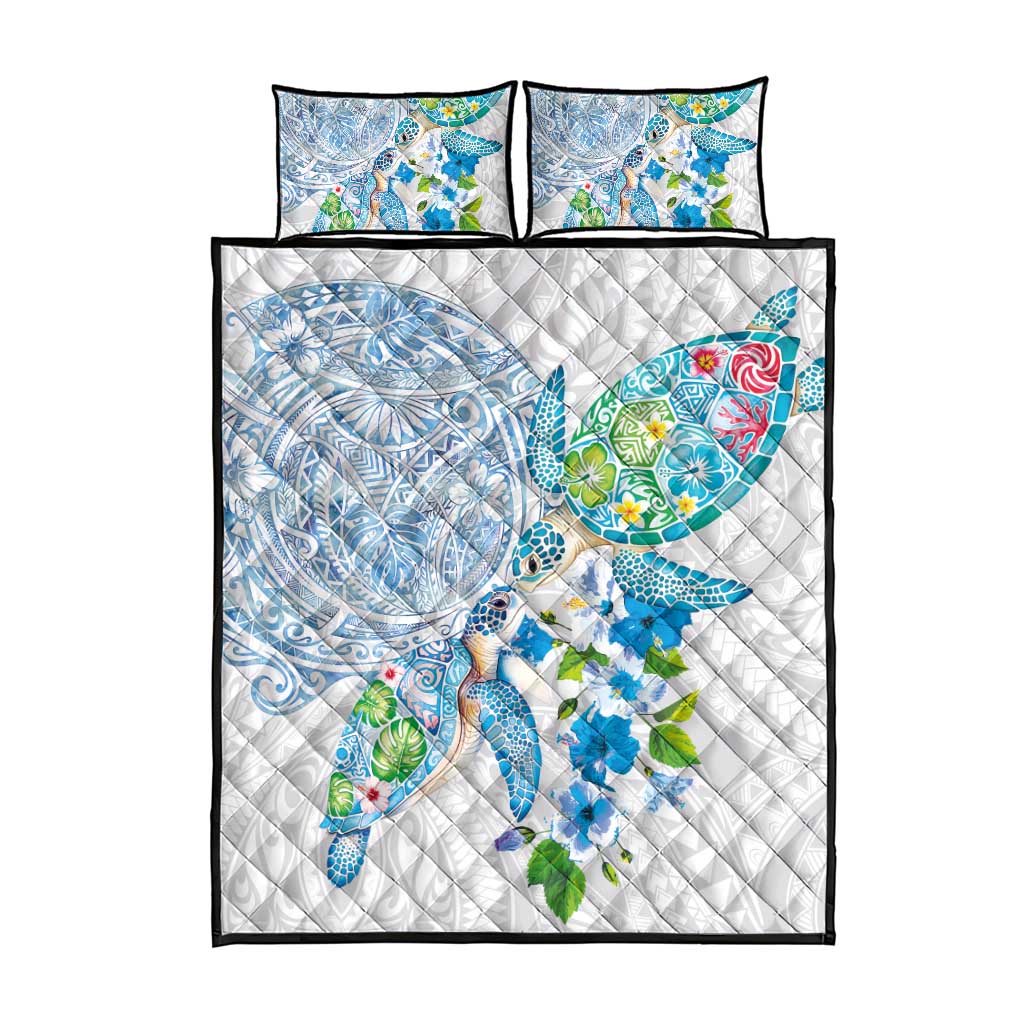 Hawaiian Couple Turtles Honi Quilt Bed Set Polynesian Art Motifs and Hibiscus White Blue Color LT03 - Polynesian Pride