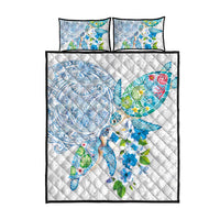 Hawaiian Couple Turtles Honi Quilt Bed Set Polynesian Art Motifs and Hibiscus White Blue Color LT03 - Polynesian Pride