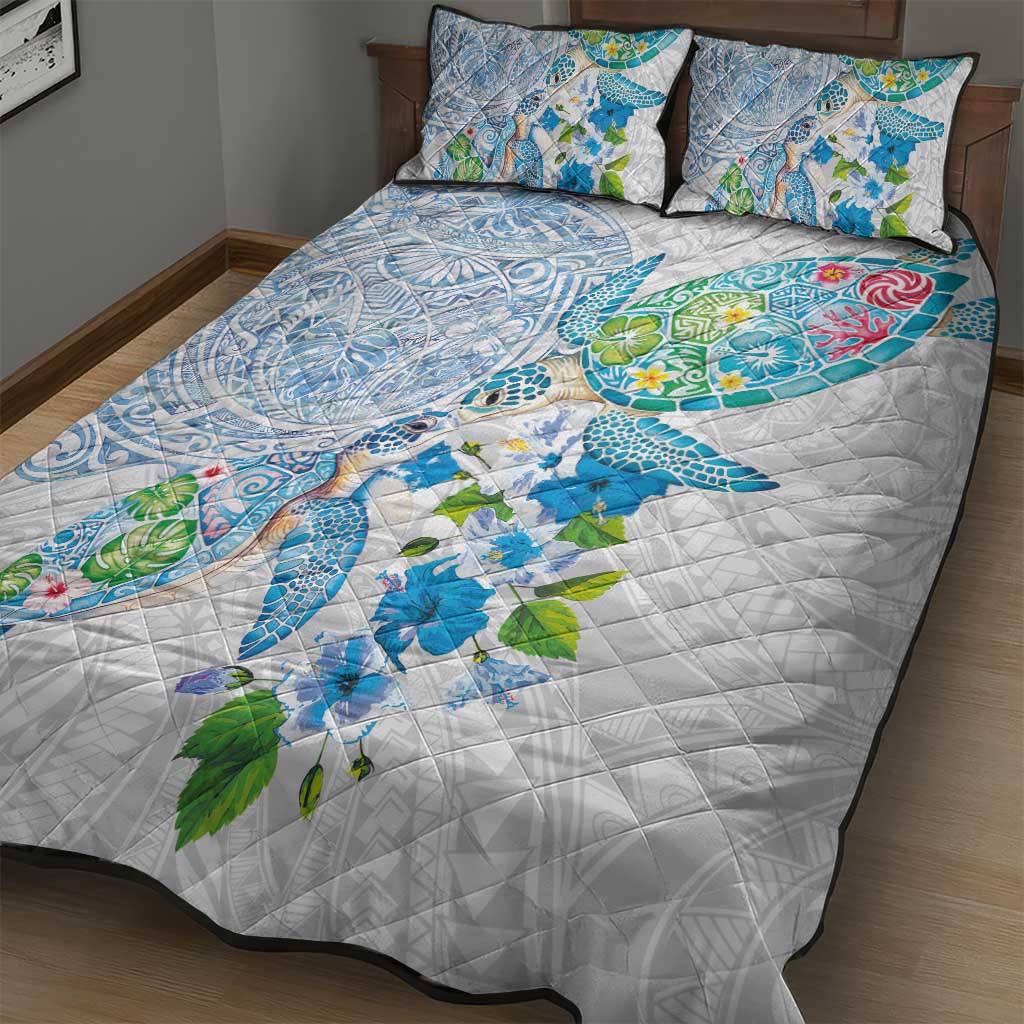 Hawaiian Couple Turtles Honi Quilt Bed Set Polynesian Art Motifs and Hibiscus White Blue Color LT03 - Polynesian Pride