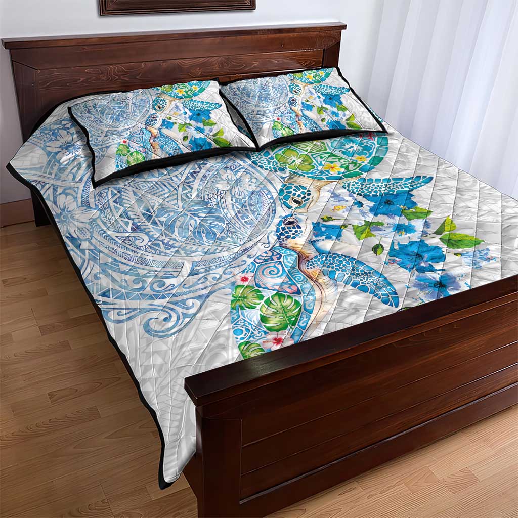 Hawaiian Couple Turtles Honi Quilt Bed Set Polynesian Art Motifs and Hibiscus White Blue Color LT03 - Polynesian Pride