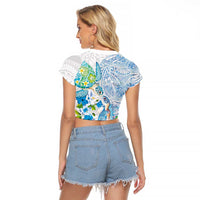 Hawaiian Couple Turtles Honi Raglan Cropped T Shirt Polynesian Art Motifs and Hibiscus White Blue Color LT03 - Polynesian Pride