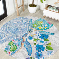 Hawaiian Couple Turtles Honi Round Carpet Polynesian Art Motifs and Hibiscus White Blue Color LT03 White - Polynesian Pride