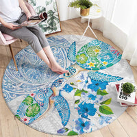 Hawaiian Couple Turtles Honi Round Carpet Polynesian Art Motifs and Hibiscus White Blue Color LT03 - Polynesian Pride